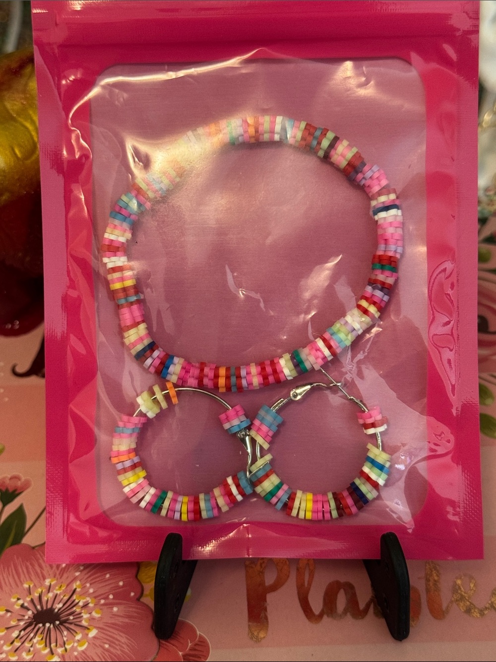 Colorful  boho Bead Bracelet & Hoop Earring Set